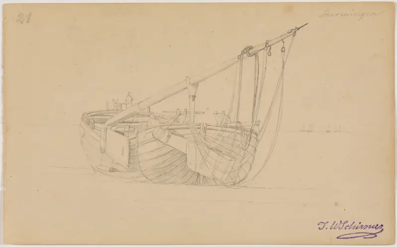 Fiskebåt på stranden vid Scheveningen, blad 21 av Johann Wilhelm Schirmer