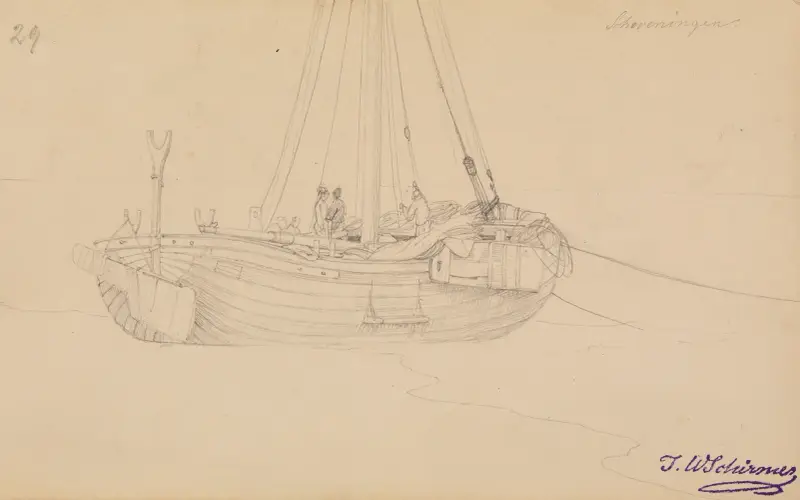 Fiskebåt på stranden vid Scheveningen, blad 29 av Johann Wilhelm Schirmer