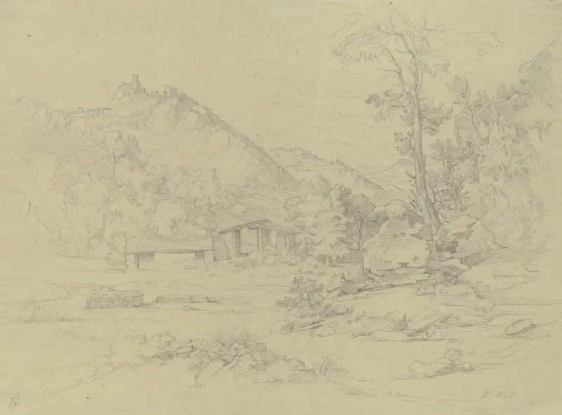 Gebirgspartie mit Ruinen auf den Bergen, vorn ein Wasser mit einigen Hütten av Johann Wilhelm Schirmer
