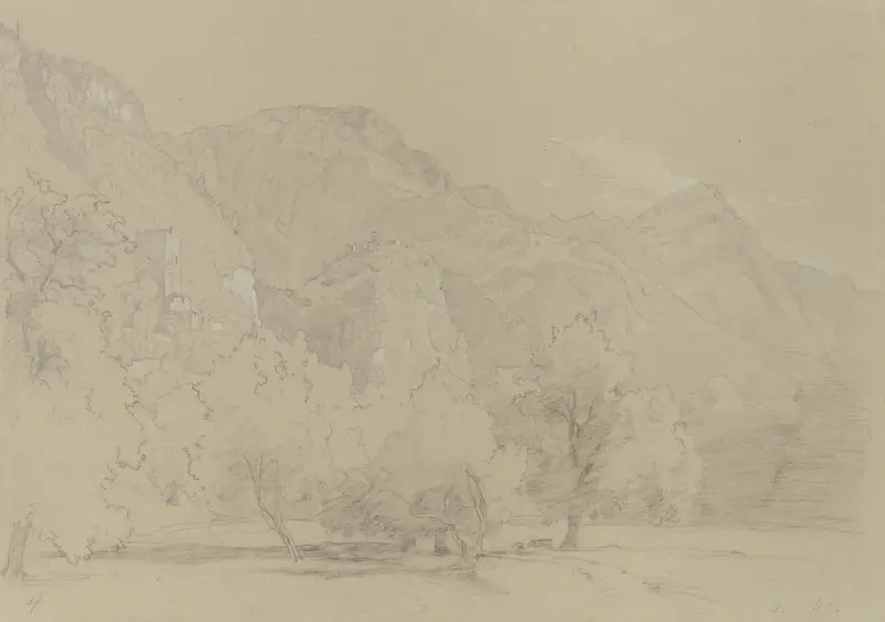 Gebirgszug mit Burgruine und Besiedlung av Johann Wilhelm Schirmer