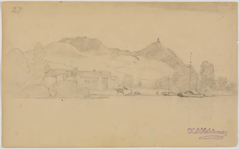 Rhenlandskap med hus och båtar, fol. 27 av Johann Wilhelm Schirmer