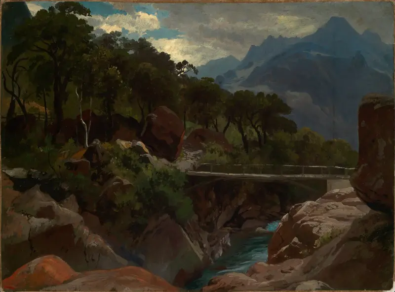 Schweizisk bergsflod med spång av Johann Wilhelm Schirmer