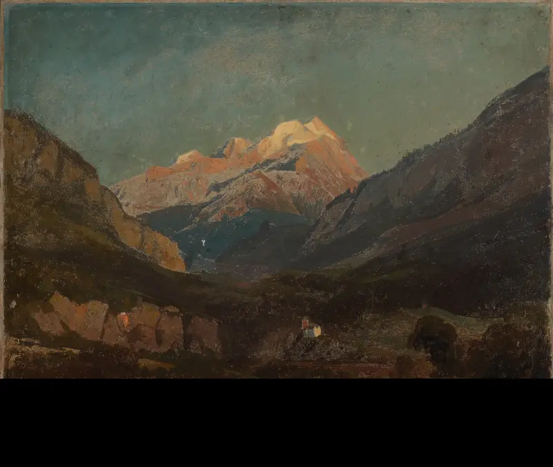 Schweizer Gebirgslandschaft mit Kapelle und fernem Schneegipfel av Johann Wilhelm Schirmer