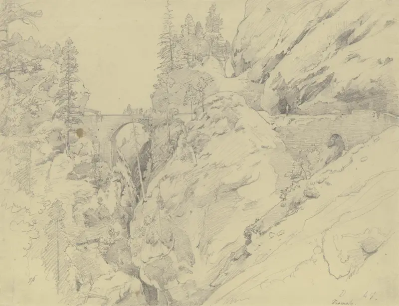 Via Mala, oben die steinerne Brücke av Johann Wilhelm Schirmer