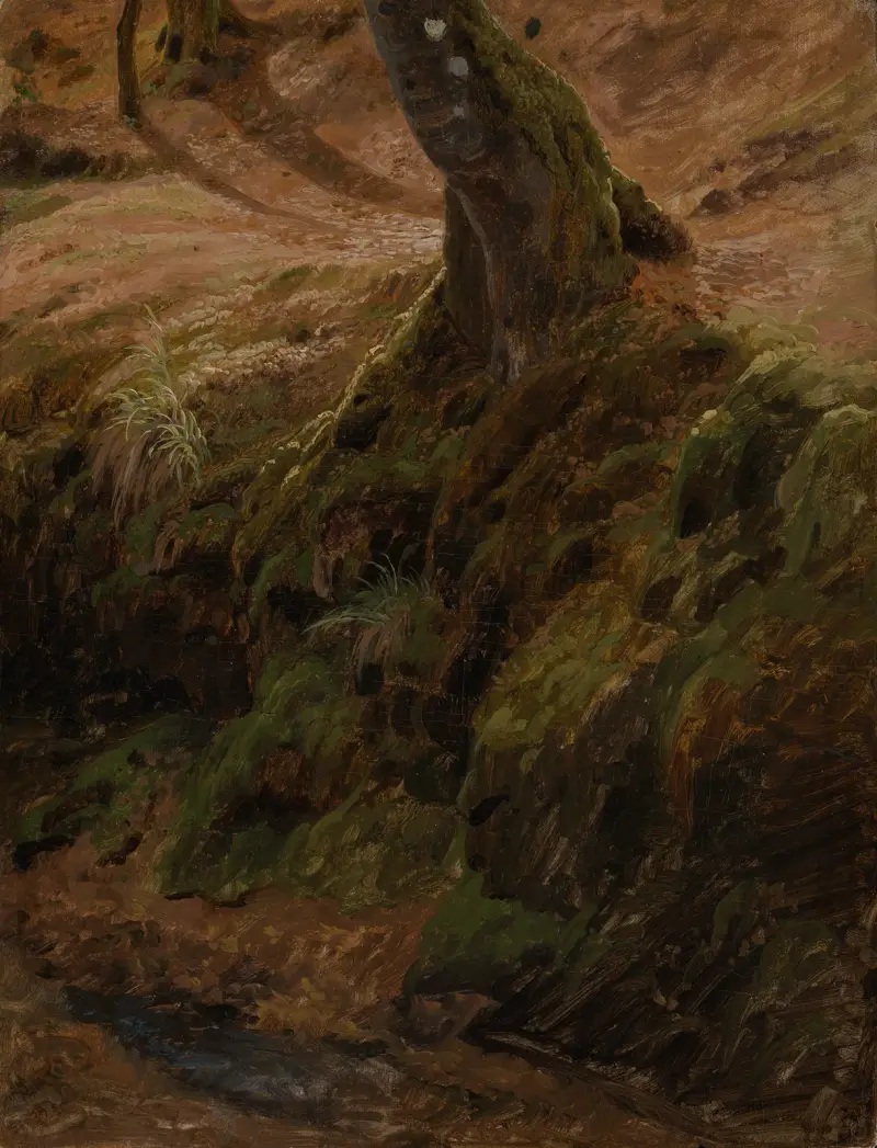 Skogsbrant med trädstam av Johann Wilhelm Schirmer