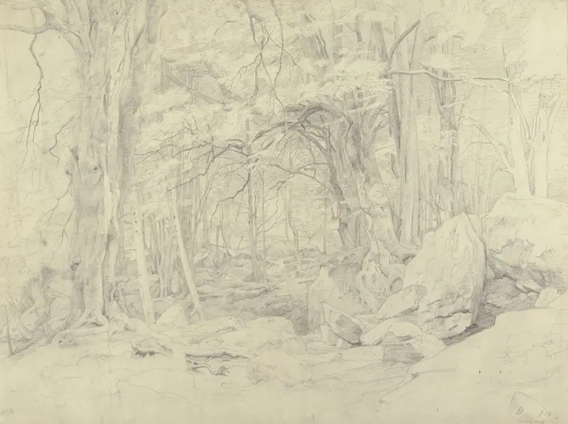 Waldinneres, unten rechts zwei karikierte männliche Profilköpfe av Johann Wilhelm Schirmer