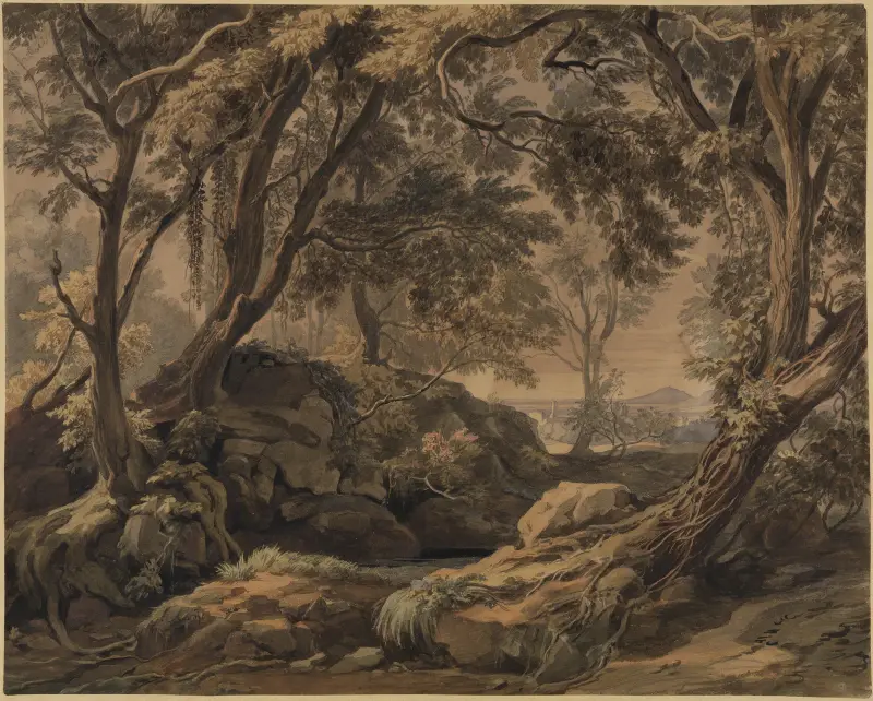 Skogslandskap med utsikt mot Olevano och Monte Cavo av Johann Wilhelm Schirmer