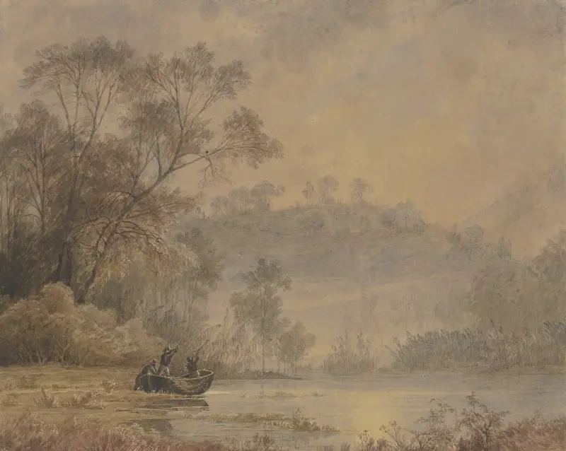 Skogssjö, från vars strand en båt med tre män lägger ut av Johann Wilhelm Schirmer