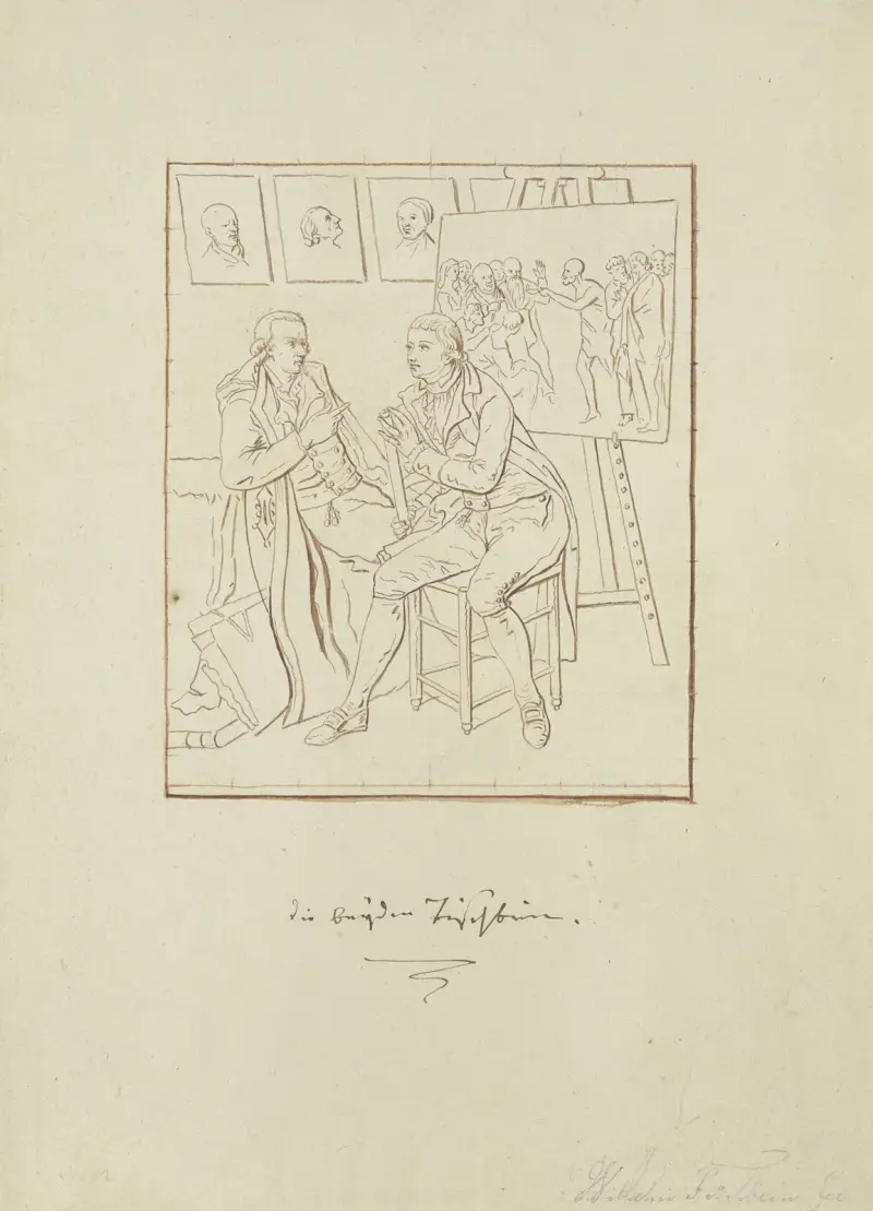 »Den ene har målat den andre.« Konstnären med sin bror Heinrich Jacob Tischbein i ateljén av Johann Heinrich Wilhelm Tischbein