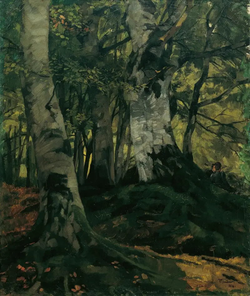 Bokskog med älskande par av Wilhelm Trübner