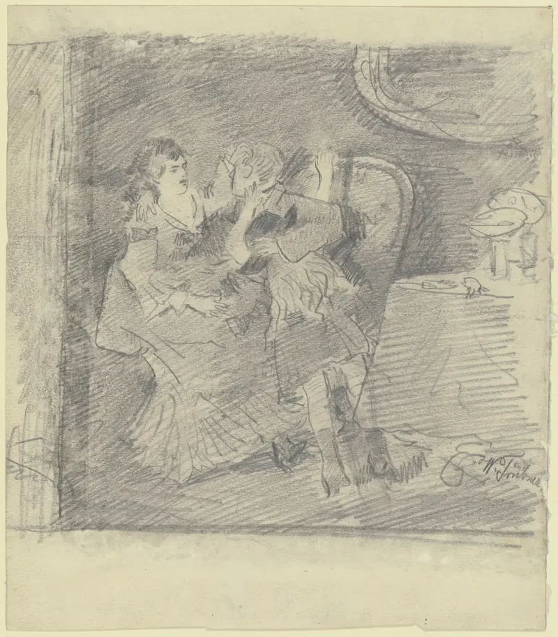 Dame und Herr mit Kind auf einem Sofa, daneben Tisch mit Glas und Fruchtschale av Wilhelm Trübner