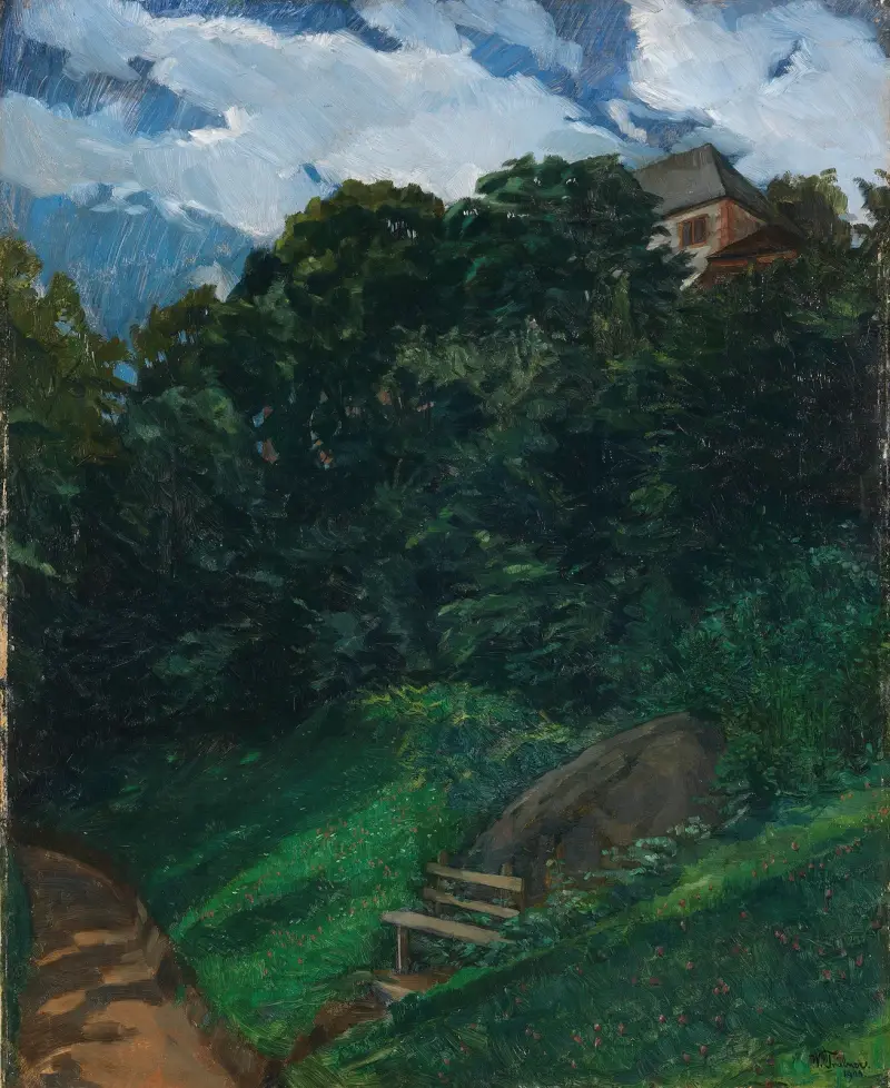 Schlosspark Lichtenberg mit Bank (Odenwald) von Wilhelm Trübner