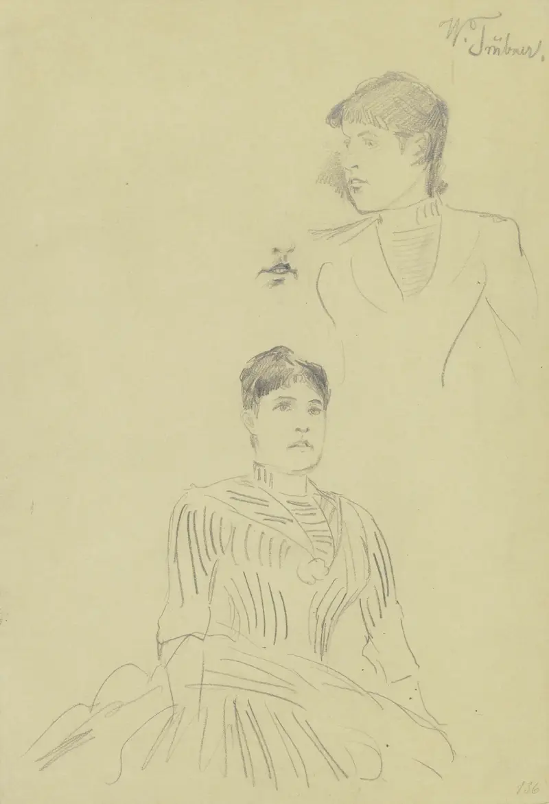 Studienblatt; Bildnis der Comtesse G., und eine Wiederholung ihrer Mundpartie av Wilhelm Trübner