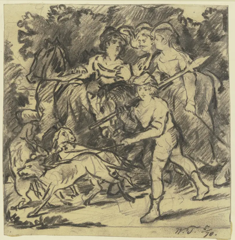 Zwei Edelfräulein und ein Knappe reiten auf die Jagd, dabei Bursche und Rüden av Wilhelm Trübner