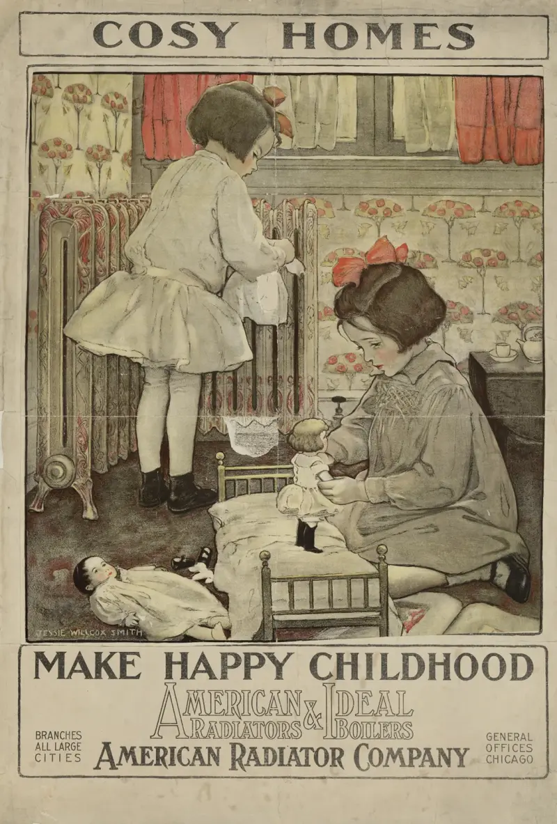 Mysiga hem ger lycklig barndom. American Radiators & Ideal Boilers av Jessie Willcox Smith