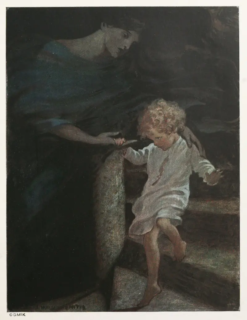 Sie nahm ihn an der Hand und ließ ihn den breiten Teil der Wendeltreppe hinabsteigen von Jessie Willcox Smith