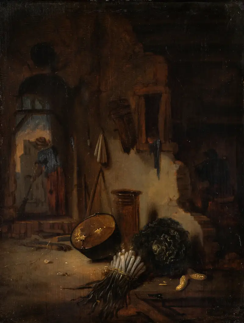 Kitchen Interior with Woman sweeping av Willem Kalf