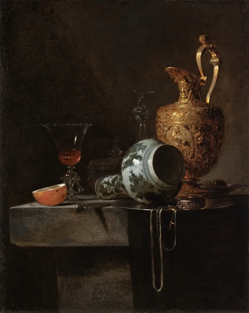 Still Life with a Porcelain Vase, Silver-gilt Ewer, and Glasses av Willem Kalf