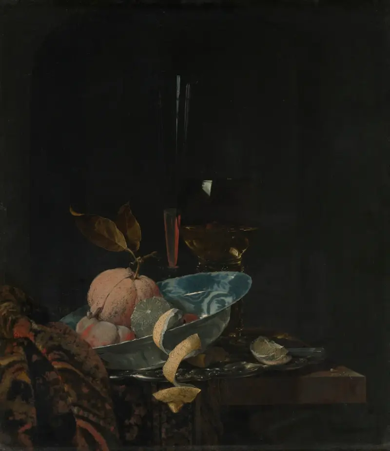 Still Life with Fruit, Glassware, and a Wanli Bowl av Willem Kalf