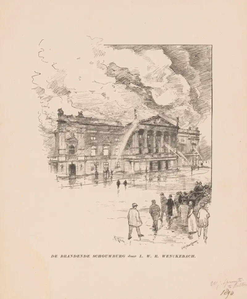 Ansicht des brennenden Amsterdamer Theaters von Willem Wenckebach
