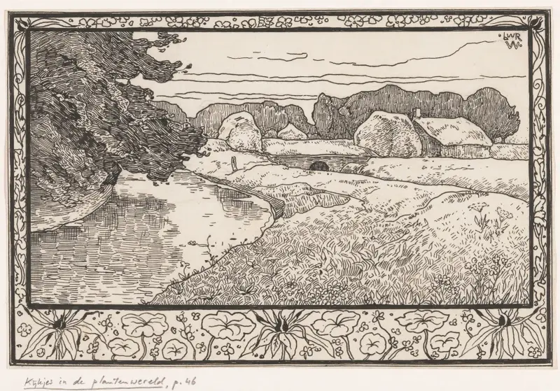 Gräsmark med vatten och bondgård av Willem Wenckebach