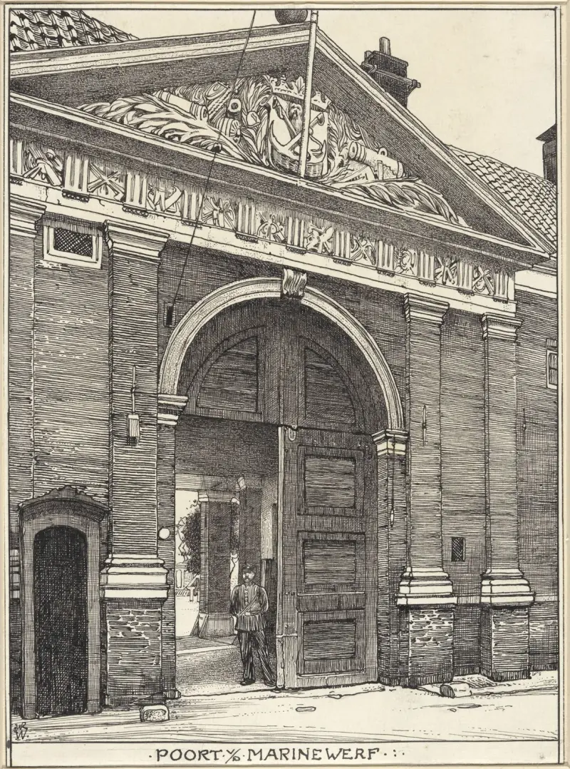 Porten till marinvarvet vid Grote Kattenburgerstraat i Amsterdam av Willem Wenckebach