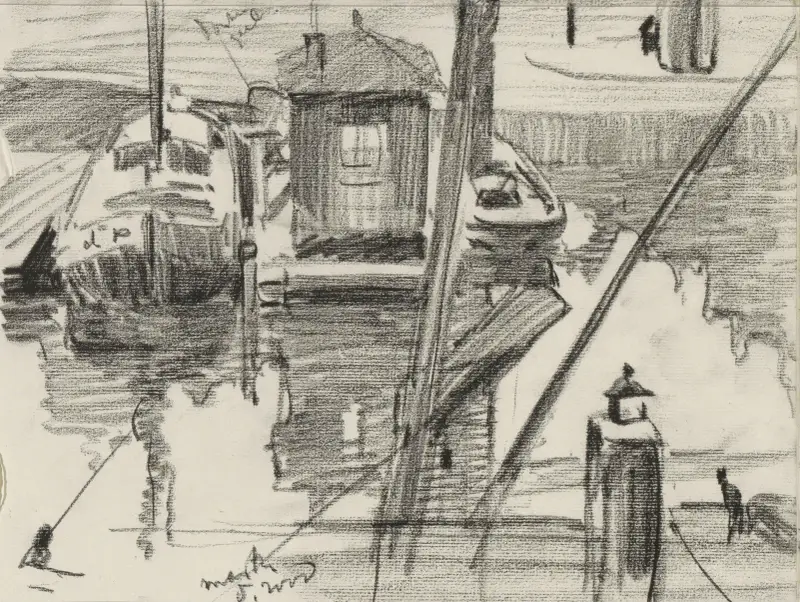 Brygga med båtar vid Damrak i Amsterdam av Willem Witsen