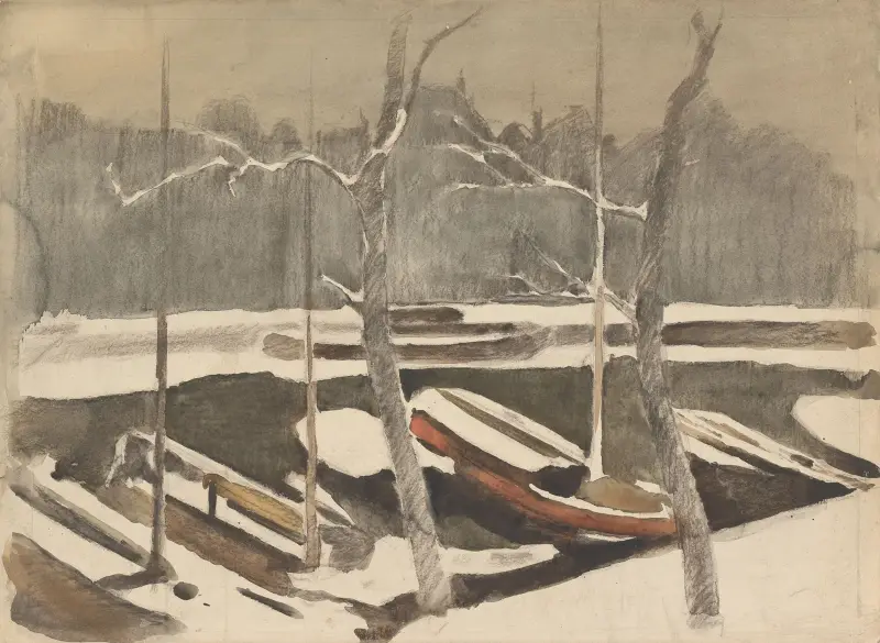 Gemeerde schuiten aan een besneeuwde grach av Willem Witsen