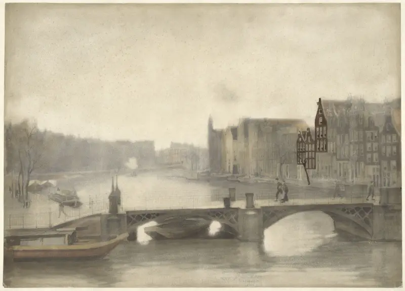 Gezicht op de Binnen-Amstel in de nevel av Willem Witsen
