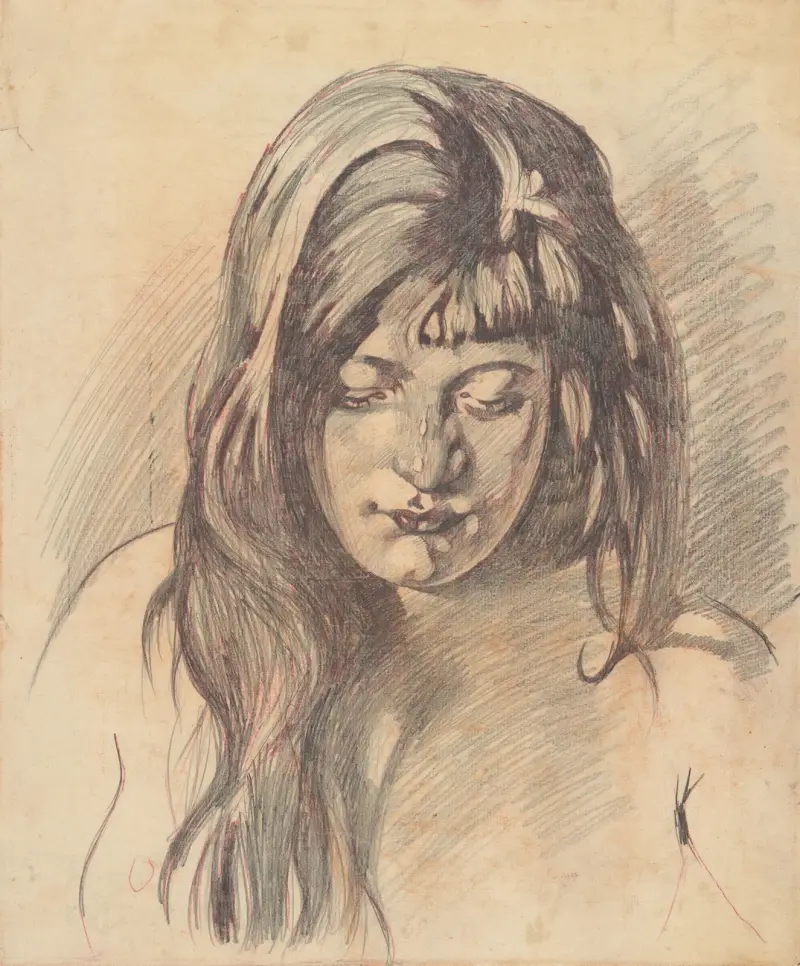 Portret van een meisje, met neergeslagen blik av Willem Witsen
