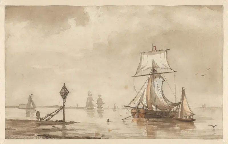 Schepen bij een landtong av Willem Witsen