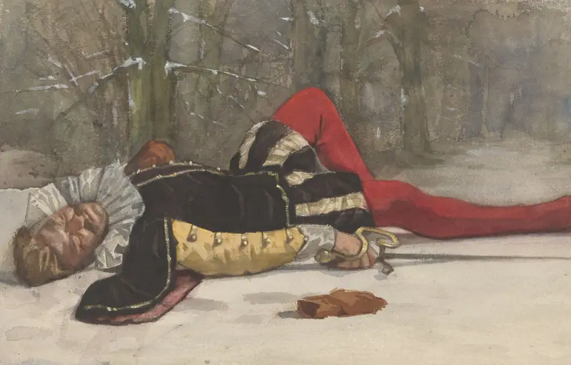 Toneelscène met getroffen duellist in een boslaan av Willem Witsen