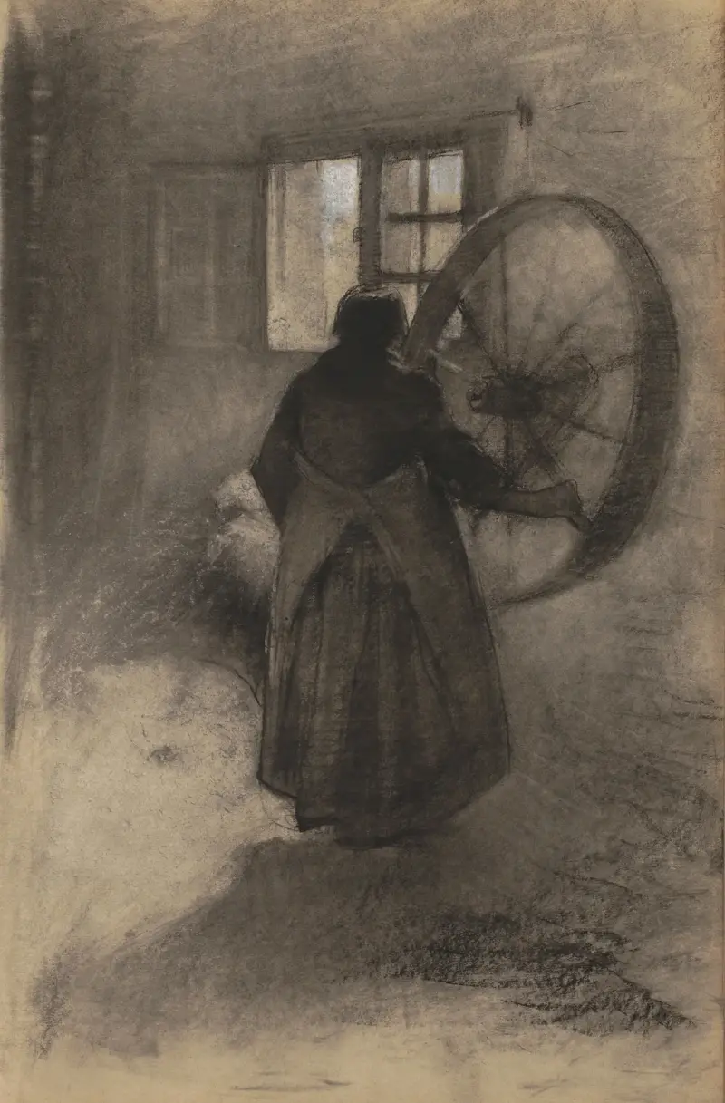 Kvinna med ett vagnshjul i en lada av Willem Witsen