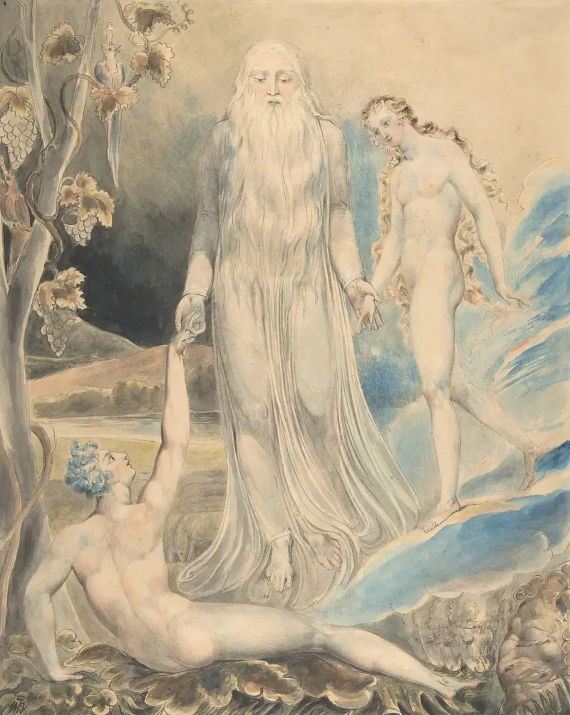Angel of the Divine Presence Bringing Eve to Adam av William Blake