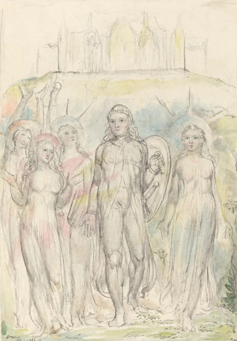Christian with the Shield of Faith, Taking Leave of His Companions av William Blake