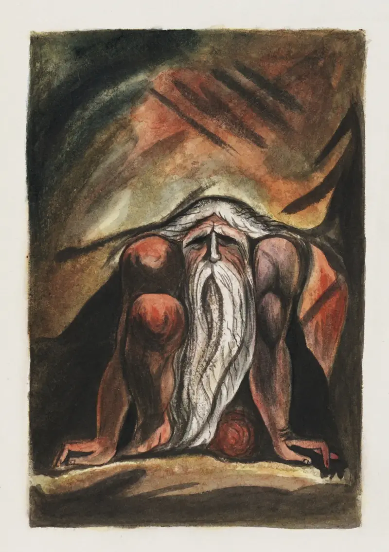 Illustration of a bearded man, crouching av William Blake