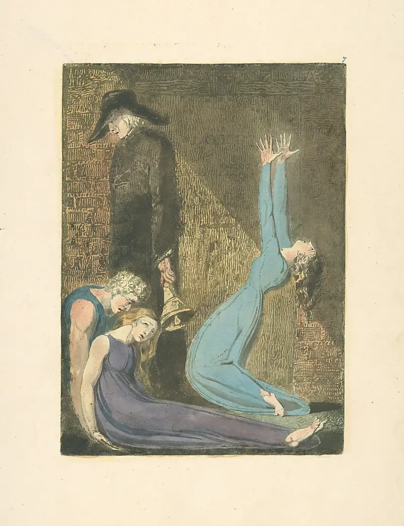 Man supporting supine woman, aged man with bell, and woman in blue dress, arms raised in suppliction av William Blake