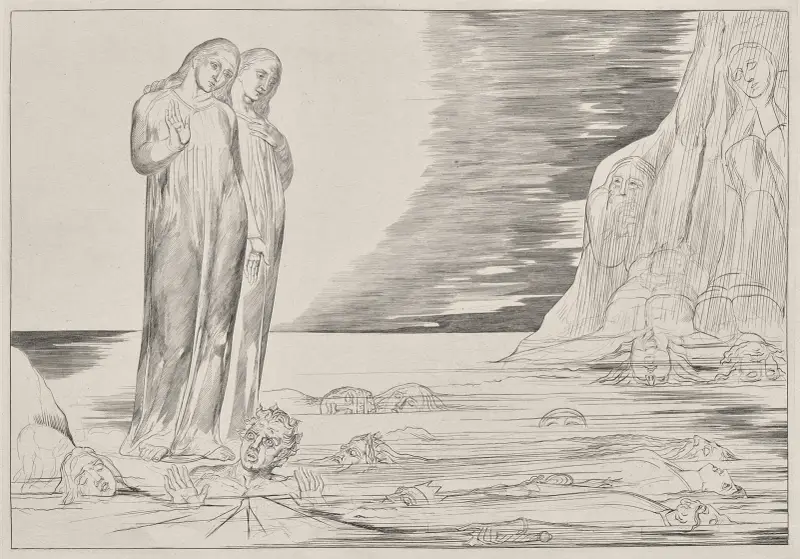 The Circle of the Traitors; Dante’s Foot Strriking Bocca degli Abbate, from Dante’s Inferno av William Blake