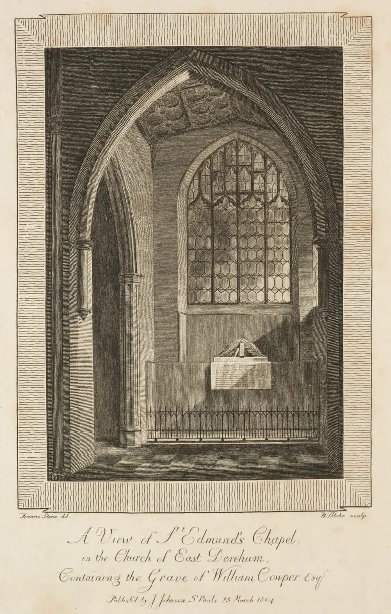 View of St. Edmund’s Chapel in the Church of East Dereham, containing the Grave of William Cowper Esquire av William Blake