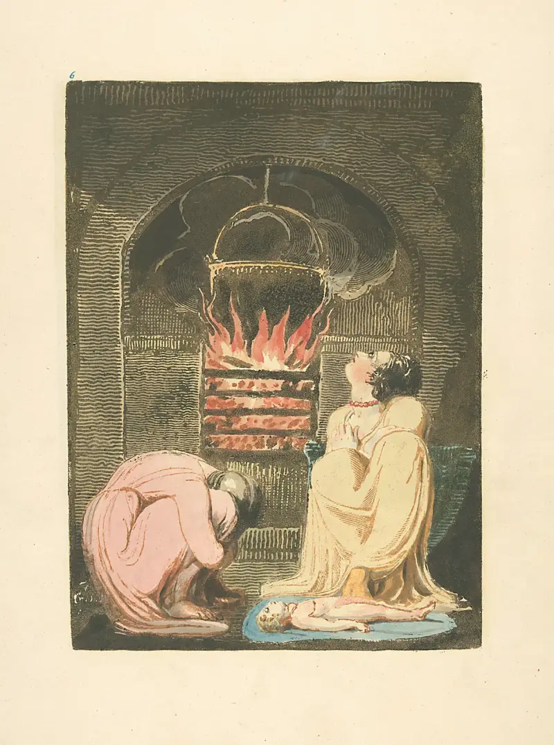 Woman and infant in front of fireplace av William Blake