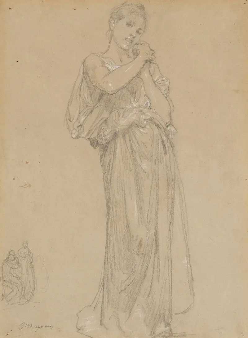 Ung flicka draperad och en grupp figurer, studie till Första smyckena av William Bouguereau