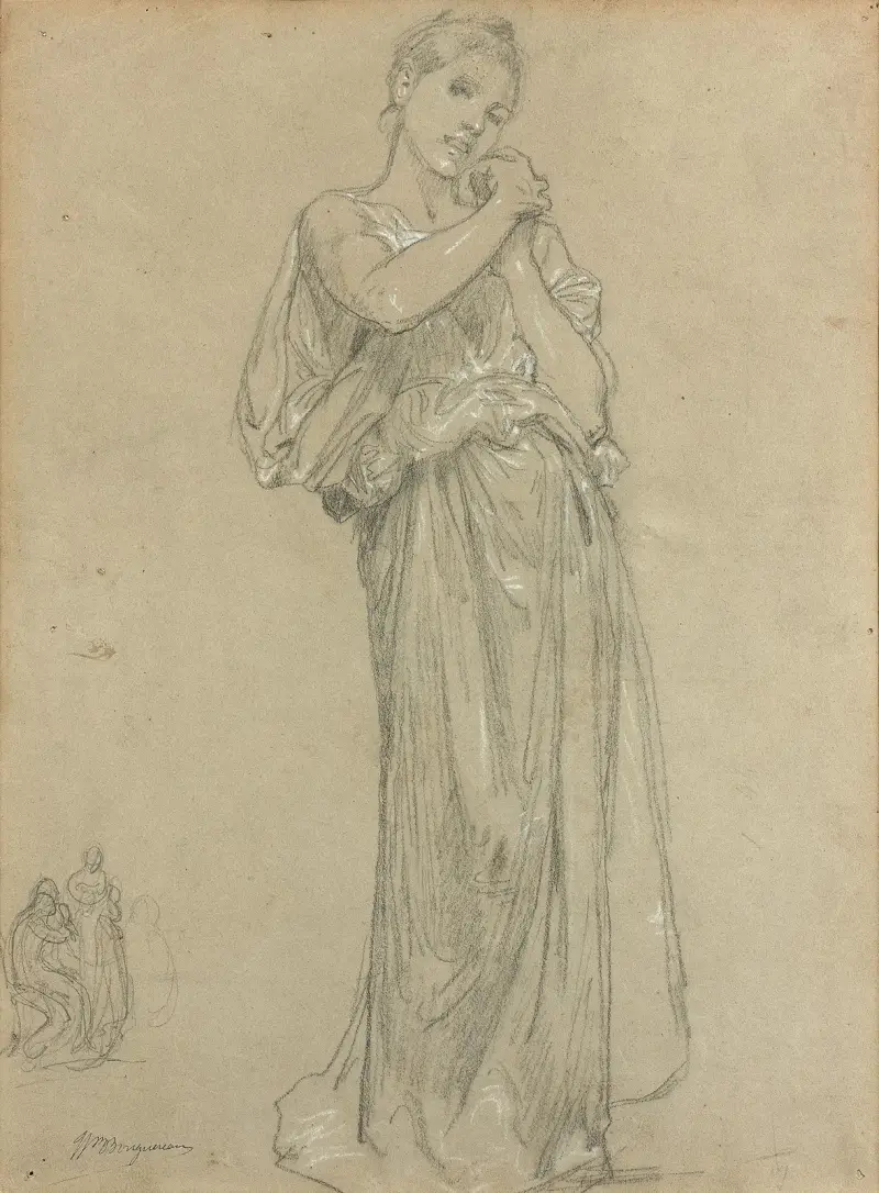 Ung kvinna i drapering och en grupp figurer, studie till 'Premiers bijoux' av William Bouguereau