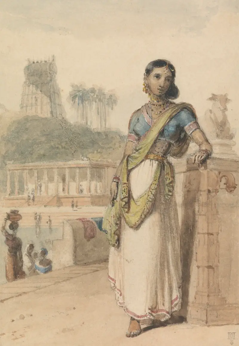A High Caste Woman Standing by a Wall av William Daniell