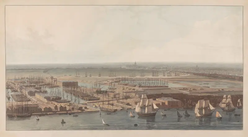 A View of the Commercial Docks at Rotherhithe av William Daniell