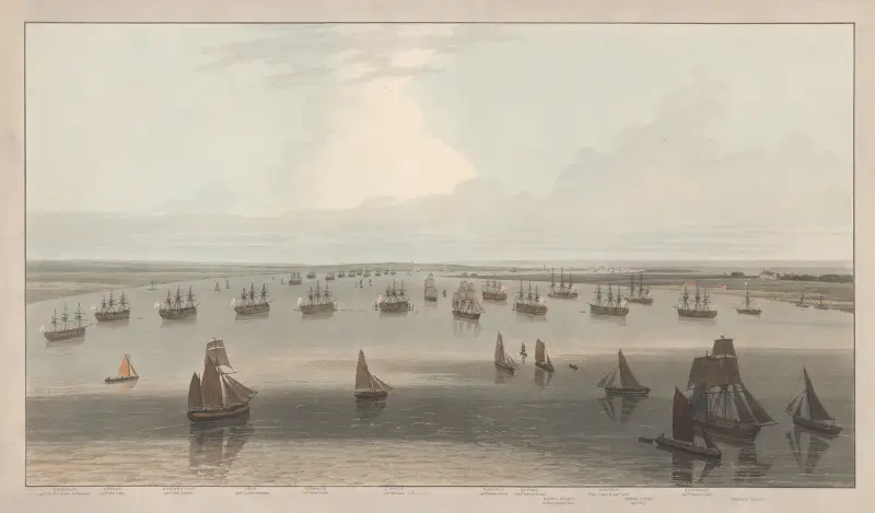 Utsikt över fregatterna stationerade i Hope under befäl av Trinity House äldste, Thames mynning av William Daniell