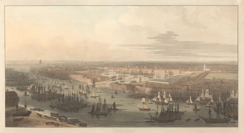 Utsikt över den nya dockan i Wapping av William Daniell