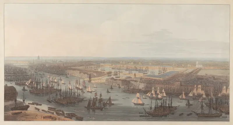 Utsikt över den nya doken i Wapping av William Daniell
