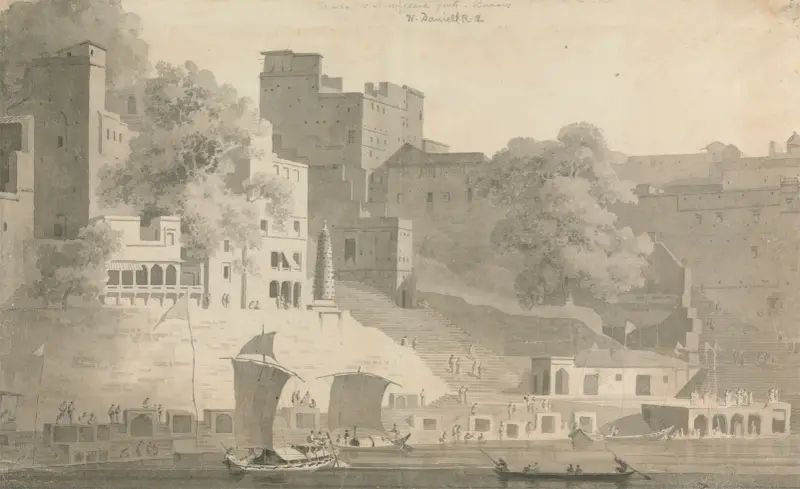 Bramha and Nursingdara Ghat, Varanasi av William Daniell