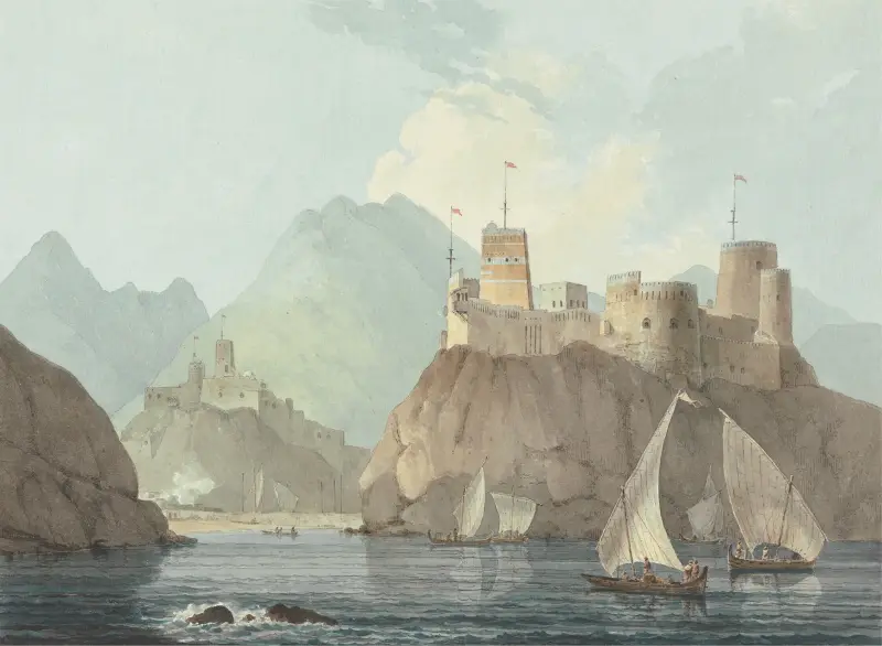 East View of the Forts Jellali and Merani, Muskat av William Daniell