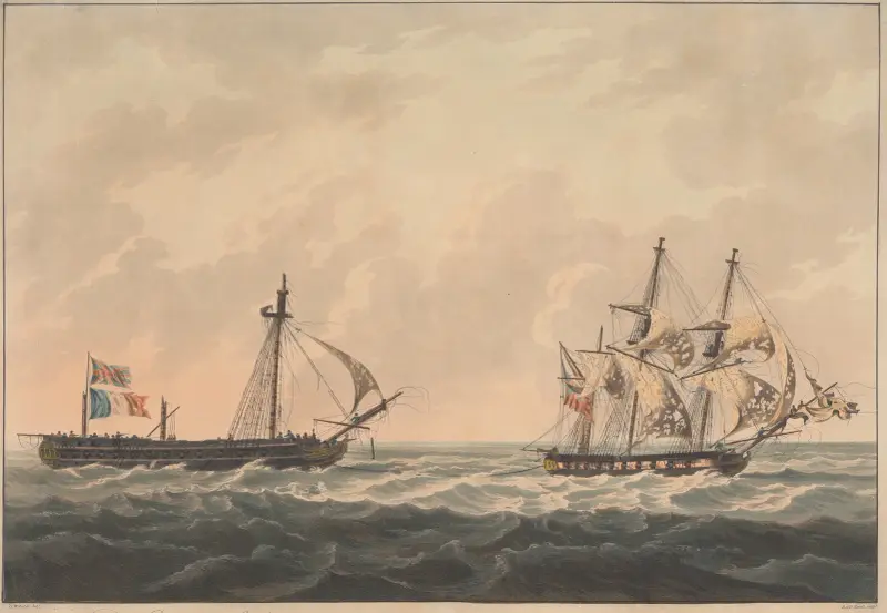 H.M.S. Sloop ‘Bonne Citoyenne’ taking the French Frigate…. av William Daniell